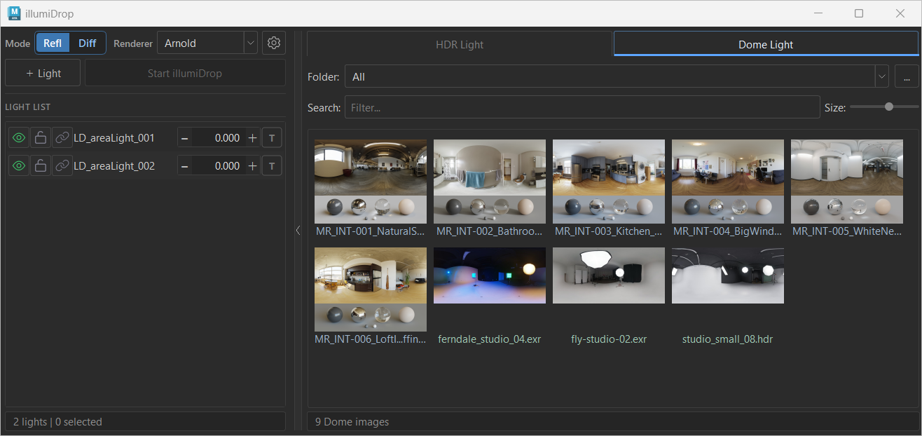 illumiDrop UI overview showing the left light list panel and right HDR browser panel